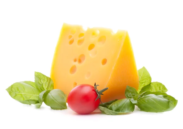 Cheese and basil leaves still life — Stock Photo, Image