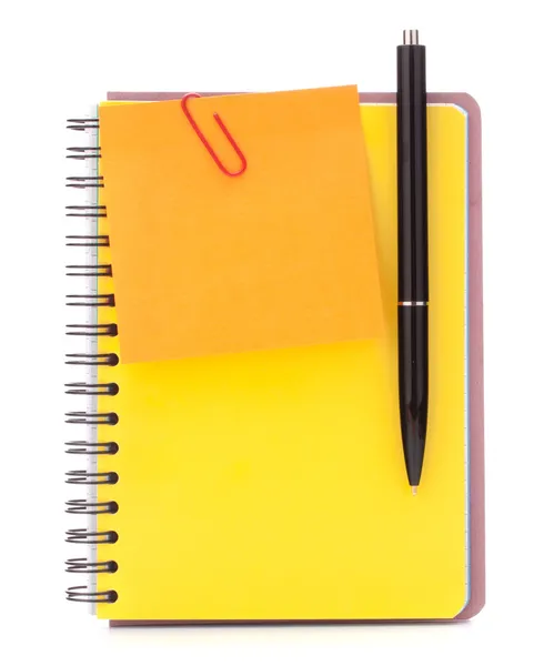 Yellow cover notebook with notice paper and pen — Stock Photo, Image