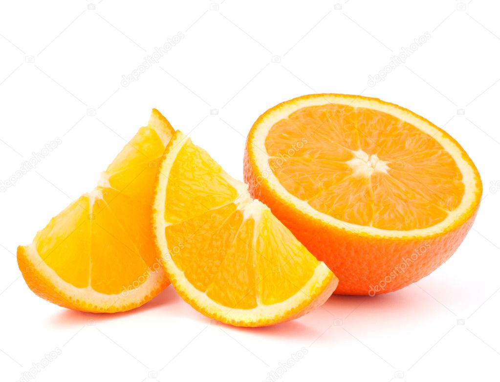 Orange fruit half and two segments or cantles