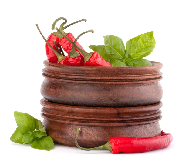 Hot red chili or chilli pepper in wooden bowls stack — Stock Photo, Image