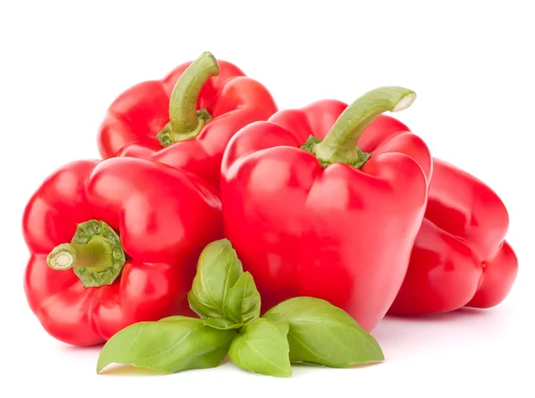 Sweet red pepper and basil leaves still life — Stock Photo, Image