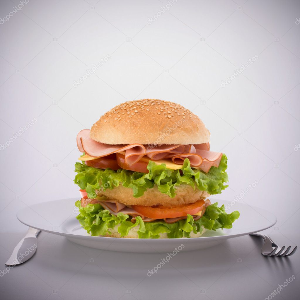Fast food big sandwich on plate