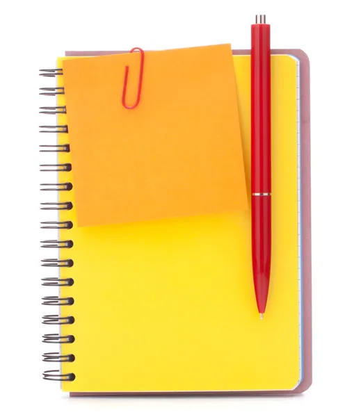 Yellow cover notebook with notice paper and pen — Stock Photo, Image