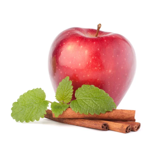 Red and green apples, cinnamon sticks and mint leaves still life — Stock Photo, Image