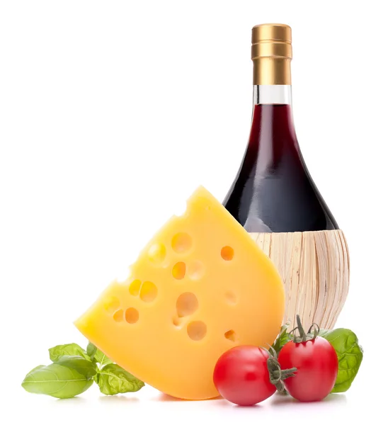 Red wine bottle, cheese and tomato still life — Stock Photo, Image