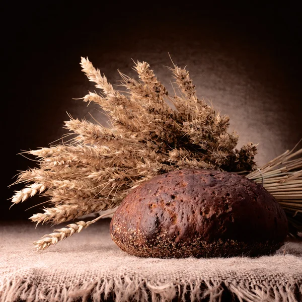 Loaf of bread and rye ears still life — Stock Photo, Image