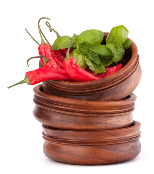 Hot red chili or chilli pepper in wooden bowls stack — Stock Photo, Image