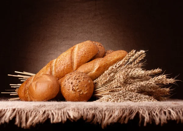 Assortment of breads and ears bunch still life — Stock Photo, Image