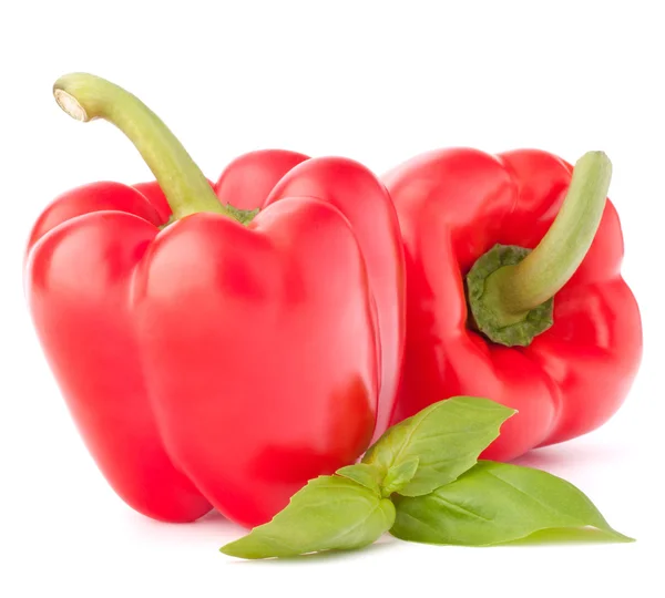 Sweet red pepper and basil leaves still life — Stock Photo, Image