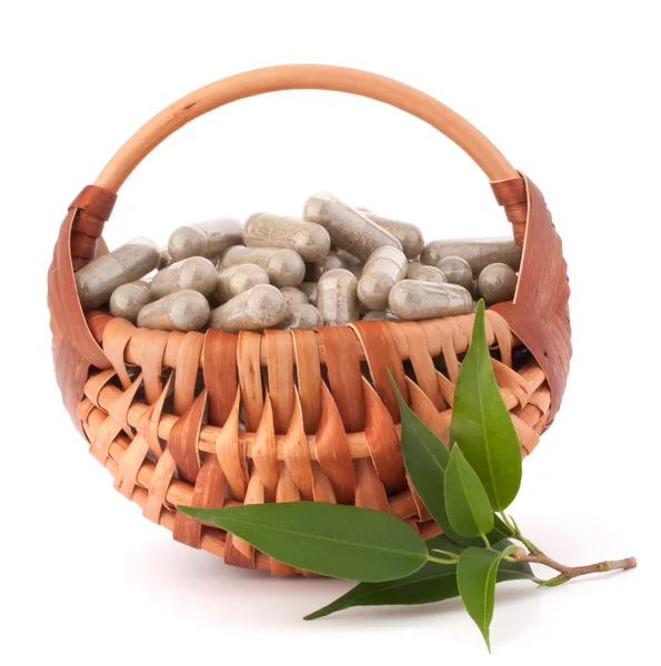 Herbal drug capsules in wicker basket. Alternative medicine conc — Stock Photo, Image