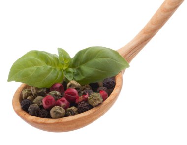 tahta kaşık beyaz backgrou izole Mix baharat biber