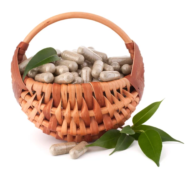 Herbal drug capsules in wicker basket. Alternative medicine conc — Stock Photo, Image