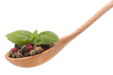 tahta kaşık beyaz backgrou izole Mix baharat biber