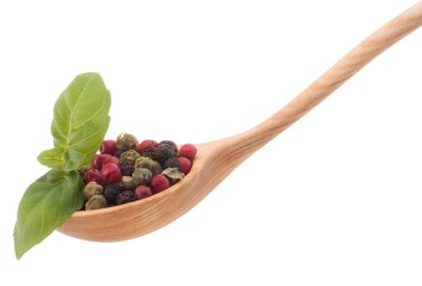 tahta kaşık beyaz backgrou izole Mix baharat biber