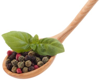 tahta kaşık beyaz backgrou izole Mix baharat biber