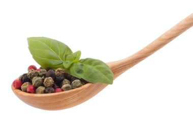 tahta kaşık beyaz backgrou izole Mix baharat biber