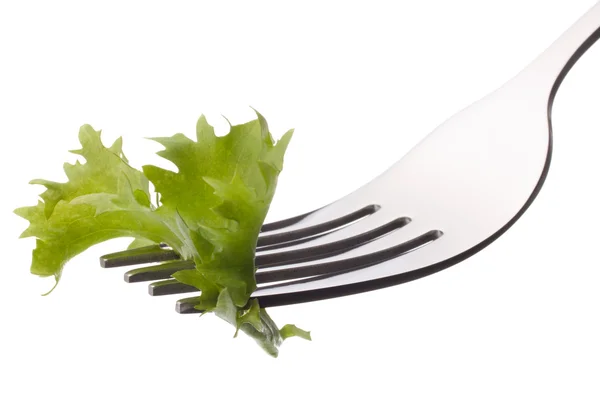 Fresh lettuce salad on fork isolated on white background cutout — Stock Photo, Image