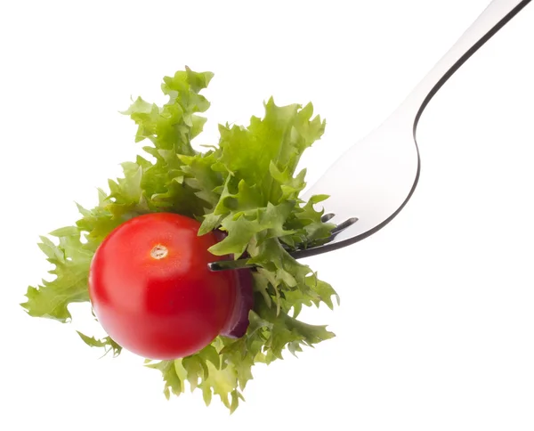 Fresh salad and cherry tomato on fork isolated on white backgrou — Stock Photo, Image