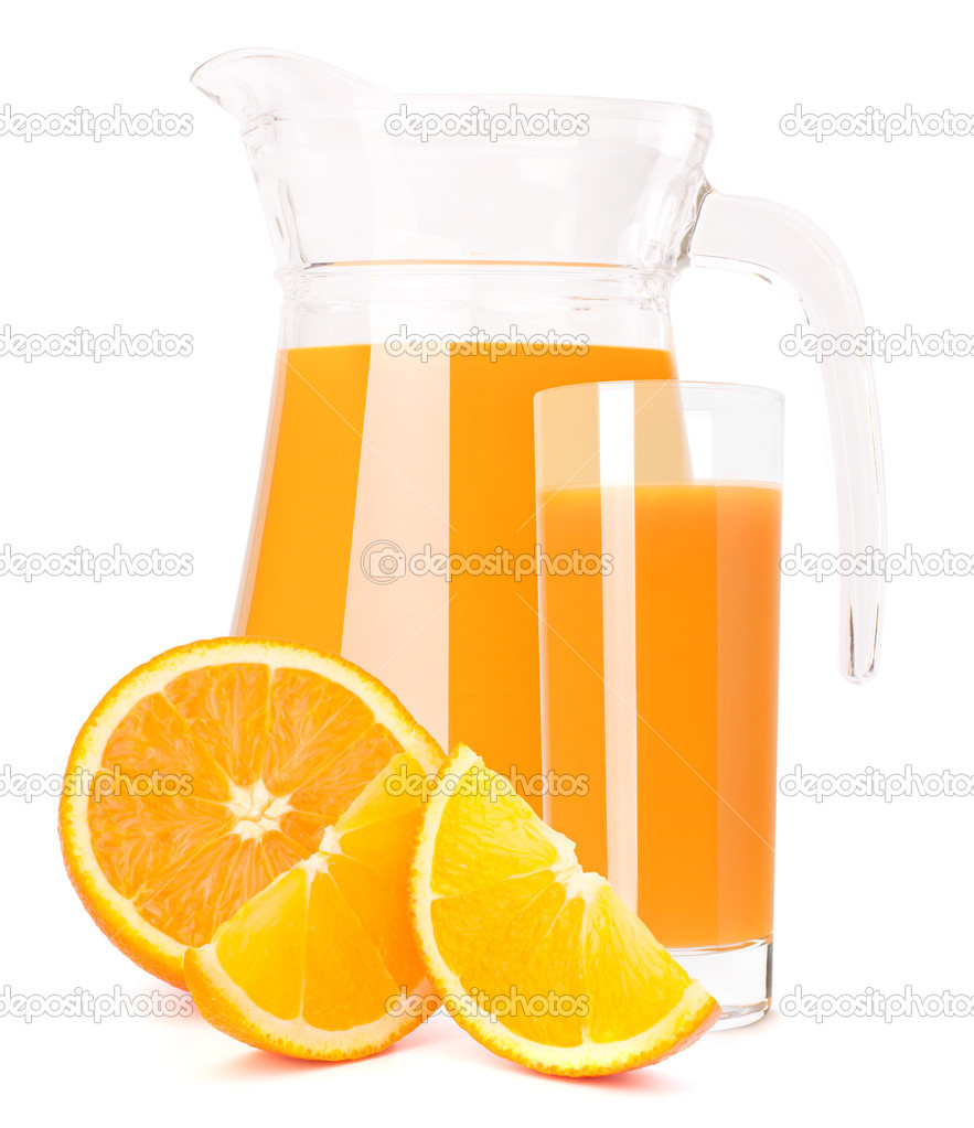 Glass jug with fresh orange juice on white background Stock Photo