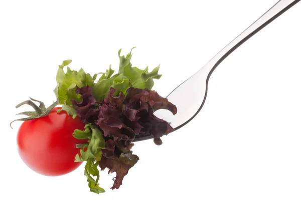 Fresh salad and cherry tomato on fork — Stock Photo, Image