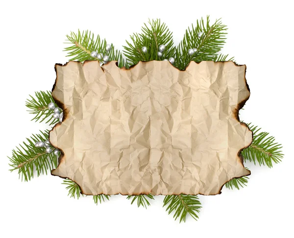 Papel de pergaminho velho com espaço de cópia no galho da árvore de Natal — Fotografia de Stock