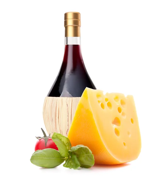 Red wine bottle, cheese and tomato still life — Stock Photo, Image