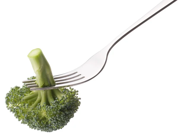 Broccoli på gaffel isolerad på vit bakgrund cutout. — Stockfoto