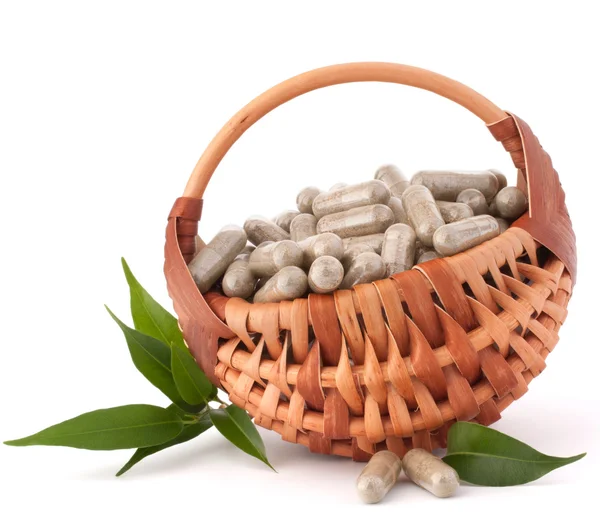 Herbal drug capsules in wicker basket. Alternative medicine conc — Stock Photo, Image