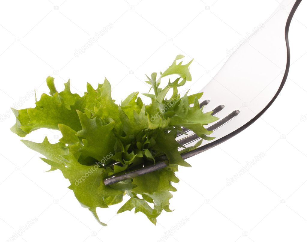 Fresh lettuce salad on fork isolated on white background cutout