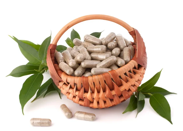 Herbal drug capsules in wicker basket — Stock Photo, Image