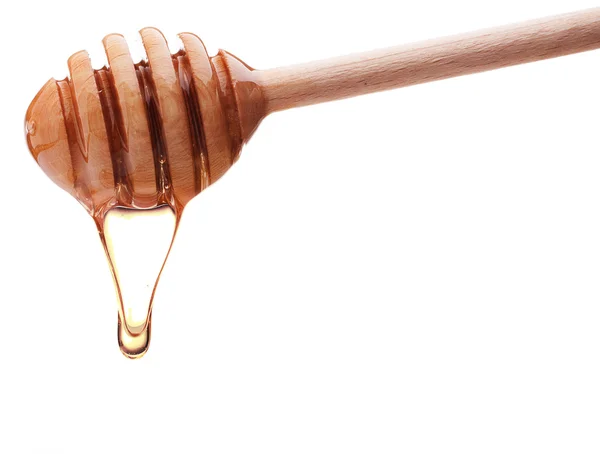 Honey dripping from a wooden honey dipper isolated on white back — Stock Photo, Image