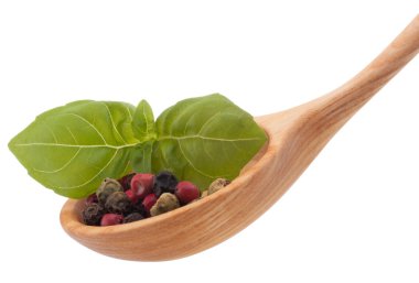 tahta kaşık beyaz backgrou izole Mix baharat biber