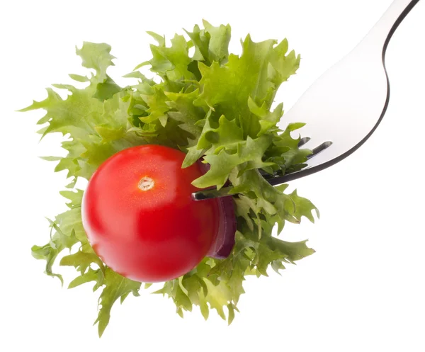 Fresh salad and cherry tomato on fork — Stock Photo, Image