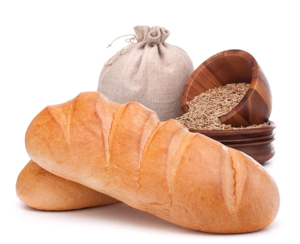 Pão, saco de farinha e grão — Fotografia de Stock