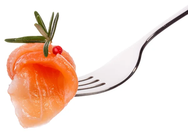 Salmon piece on fork — Stock Photo, Image