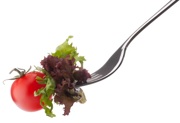 Fresh salad and cherry tomato on fork — Stock Photo, Image