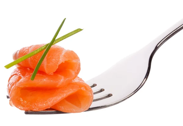 Salmon piece on fork isolated on white background cutout — Stock Photo, Image