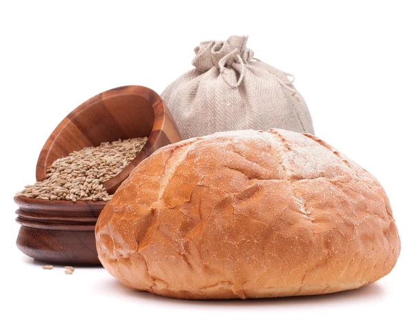 Bread, flour sack and grain isolated on white background cutout — Stock Photo, Image