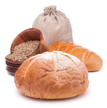 ekmek, beyaz eller üzerinde izole tahıl ve çuval un 