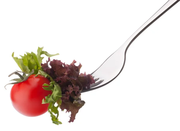 Taze salata ve çatal üzerinde kiraz domates — Stok fotoğraf