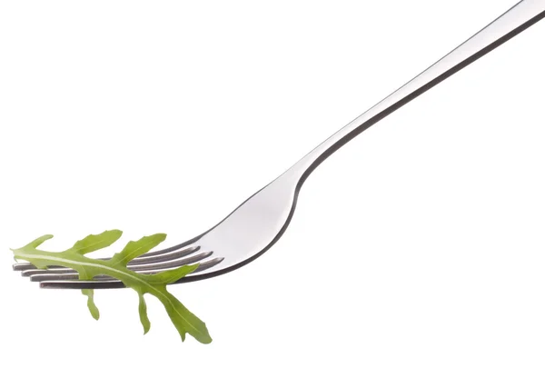 Fresh rucola  salad on fork isolated on white background cutout. — Stock Photo, Image