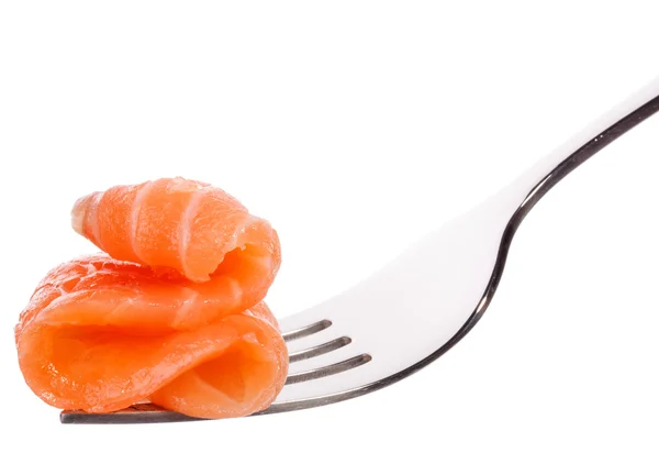 Salmon piece on fork isolated on white background cutout — Stock Photo, Image