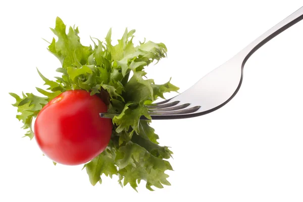 Salada fresca e tomate cereja em garfo — Fotografia de Stock