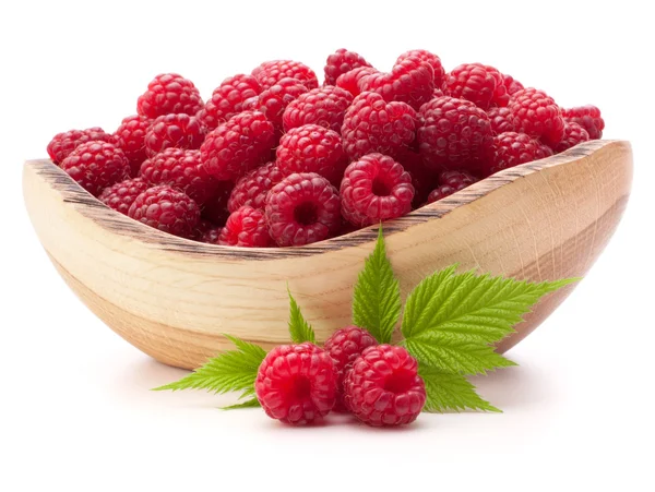 Raspberries in wooden bowl — Stock Photo, Image