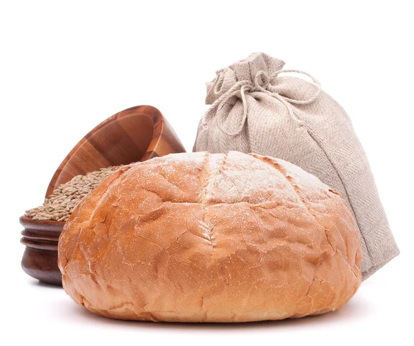 Bread, flour sack and grain isolated on white background cutout — Stock Photo, Image