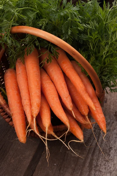 Fresh carrots in wicker basket bunch — Stock Photo, Image