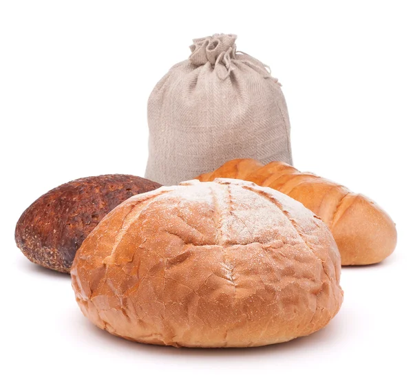 Pão fresco e saco de farinha — Fotografia de Stock