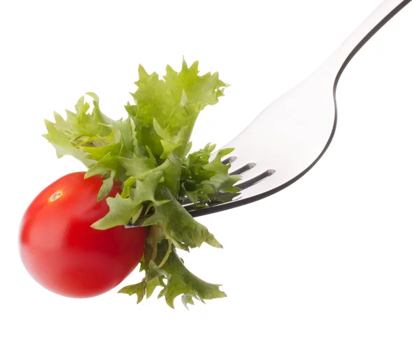 Salad and cherry tomato on fork — Stock Photo, Image