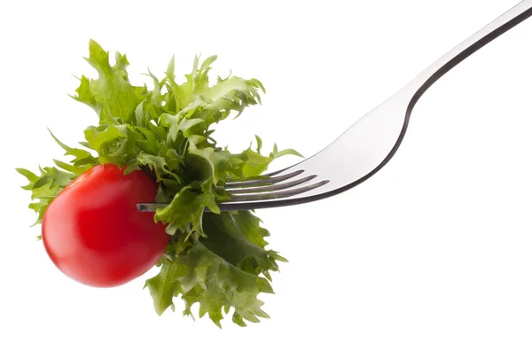 Salada fresca e tomate cereja em garfo — Fotografia de Stock