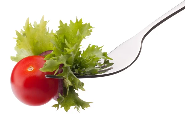 Fresh salad and cherry tomato on fork — Stock Photo, Image